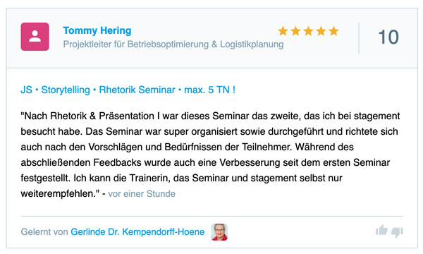 Seminarbewertung Storytelling mit Gerlinde Kempendorff-Hoene, November 2025